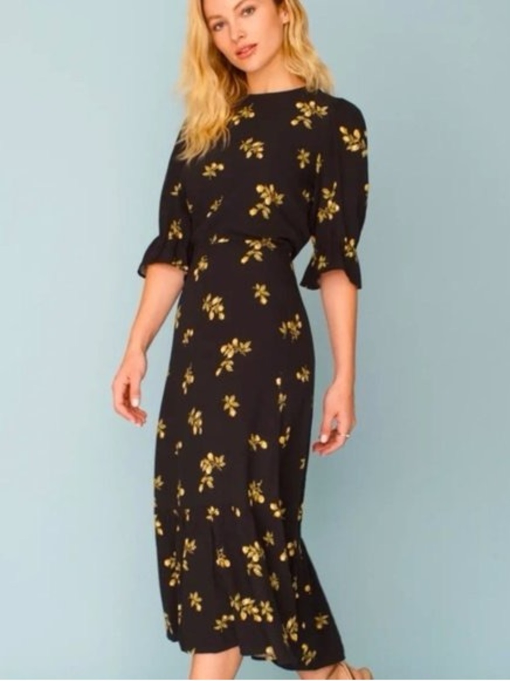 Reformation Jeans Mayfield Dress Black Yellow Floral Ruffle Midi L